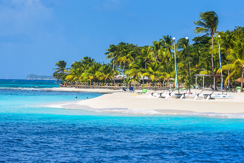 Catamarans on a beautiful palm fringed white sand beach on Palm Island, The Grenadines, St. Vincent and the Grenadines, Windward Islands, West Indies, Caribbean, Central America