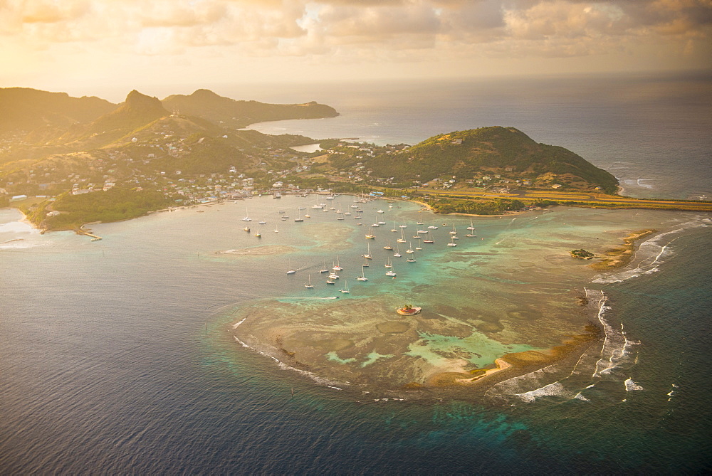 Aerial of Union Island at sunset, The Grenadines, St. Vincent and the Grenadines. Windward Islands, West Indies, Caribbean, Central America