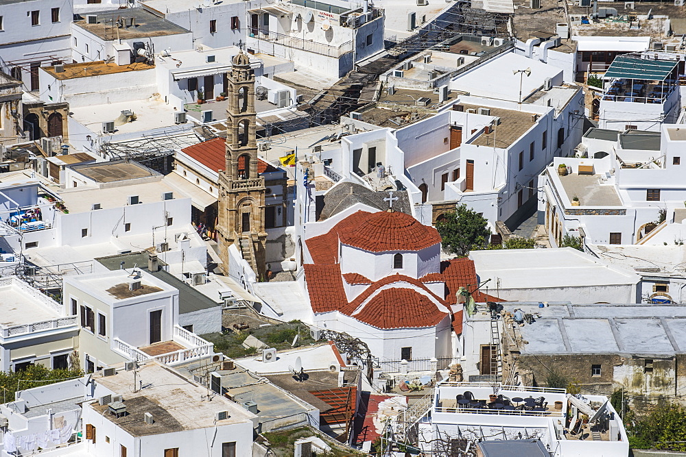 The white houses of the town of Lindos, Rhodes, Dodecanese Islands, Greek Islands, Greece, Europe