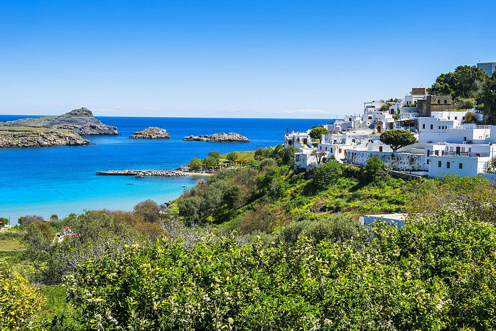 The white houses of the town of Lindos, Rhodes, Dodecanese Islands, Greek Islands, Greece, Europe