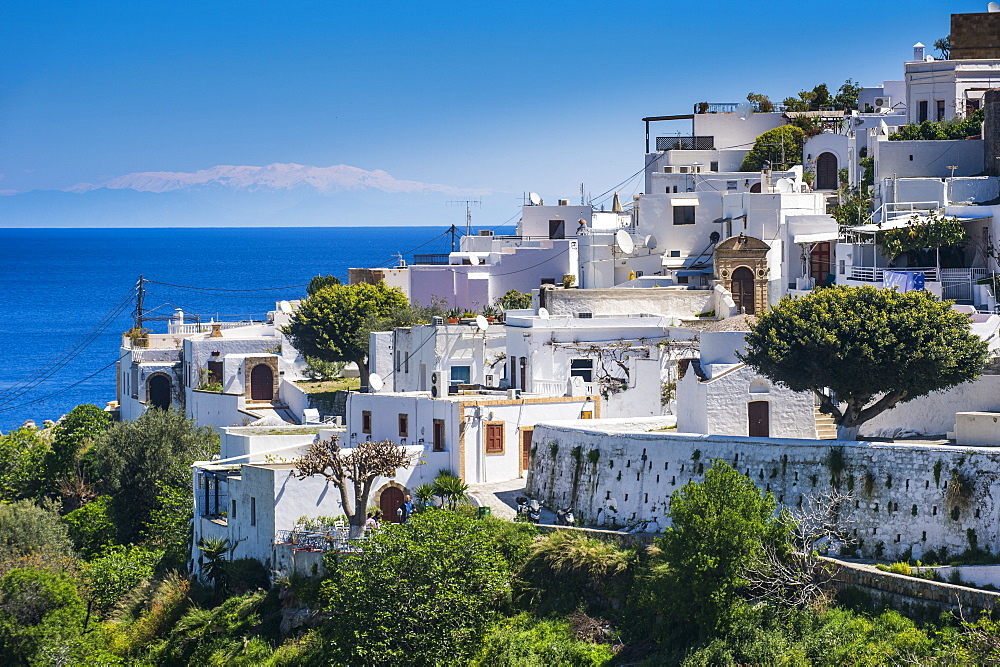 The white houses of the town of Lindos, Rhodes, Dodecanese Islands, Greek Islands, Greece, Europe