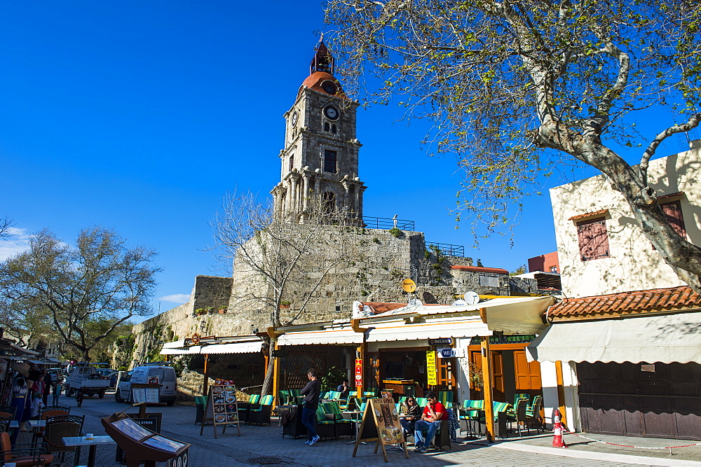 Clocktower in the Medieval Old Town, UNESCO World Heritage Site, City of Rhodes, Rhodes, Dodecanese Islands, Greek Islands, Greece, Europe