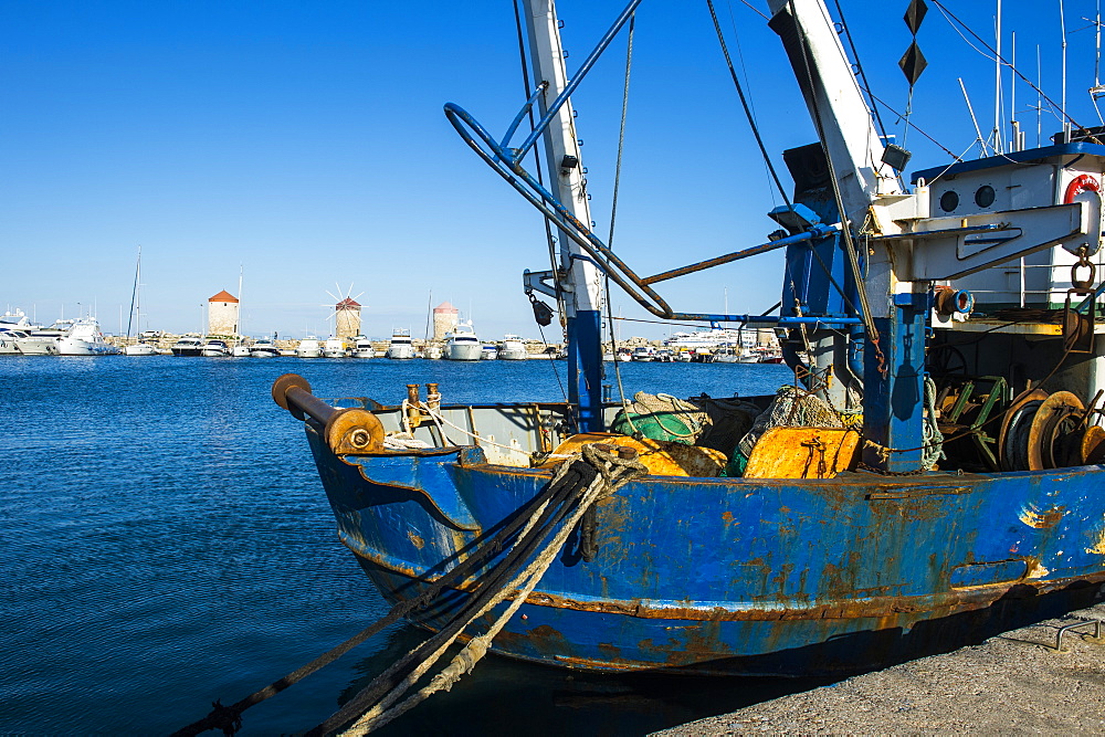 Fishing boat in the habour of the city of Rhodes, Rhodes, Dodecanese Islands, Greek Islands, Greece, Europe