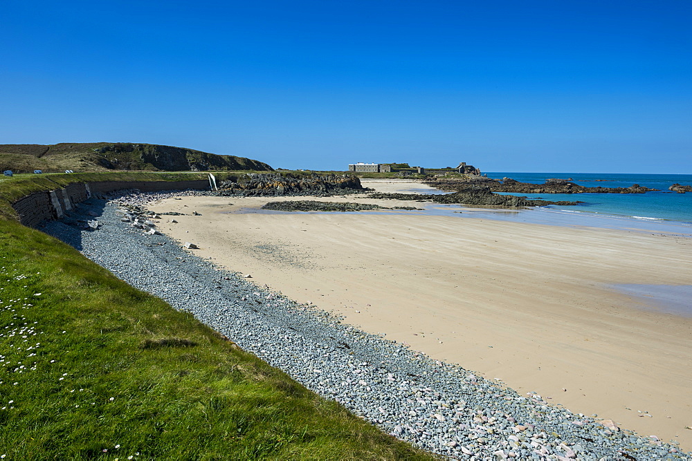 Corblets Bay with Chateau A L'Etoc (Chateau Le Toc), Alderney, Channel Islands, United Kingdom, Europe 