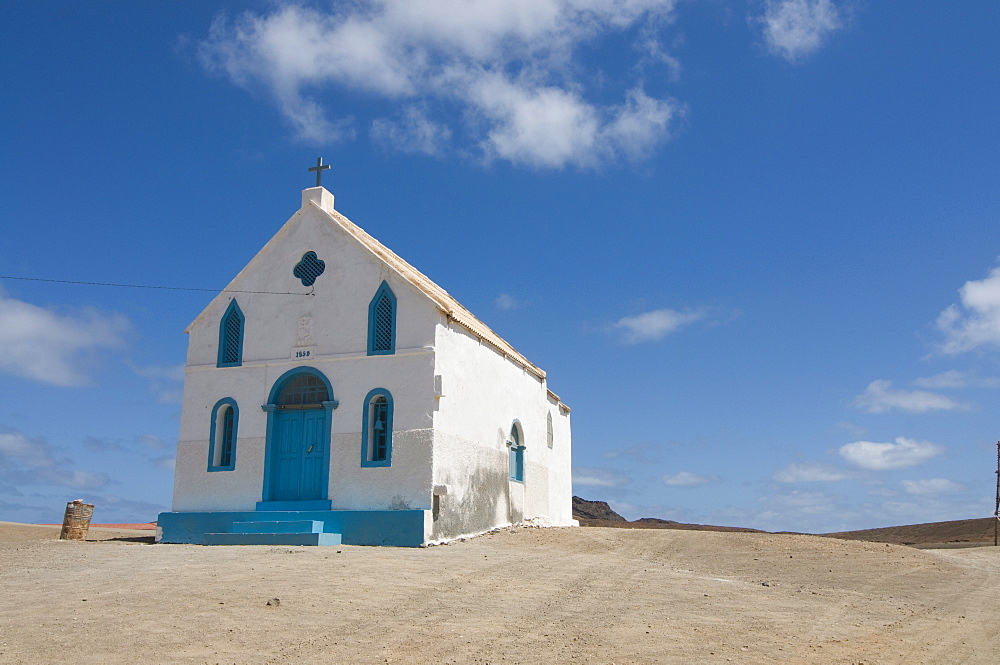 Bright church at sandy beach, Pedro Da Sal, Sal, Cape Verde, Africa