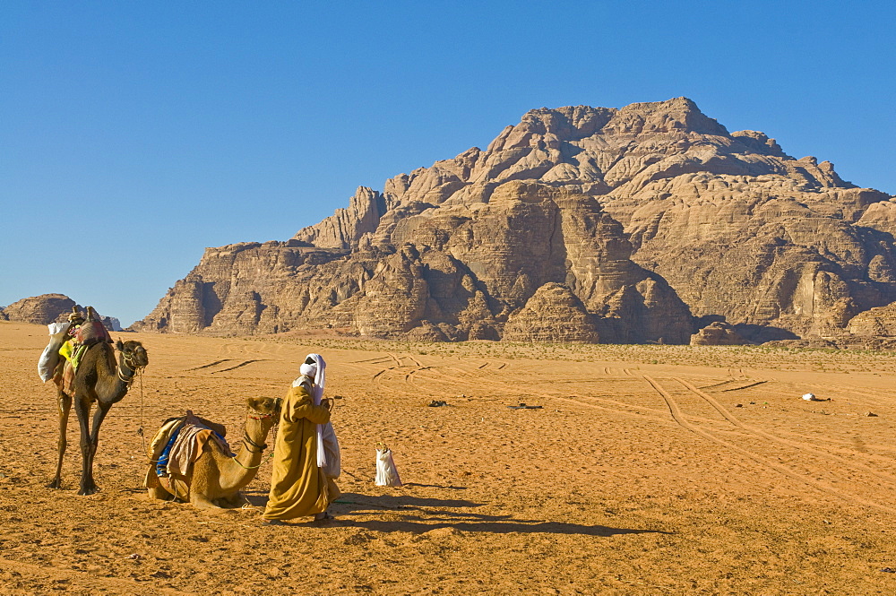 Bedouin with his camels in the stunning scenery of Wadi Rum, Jordan, Middle East