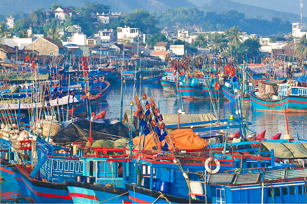 Colourful fishing boats at the habour of Nha Trang, Vietnam, Indochina, Southeast Asia, Asia