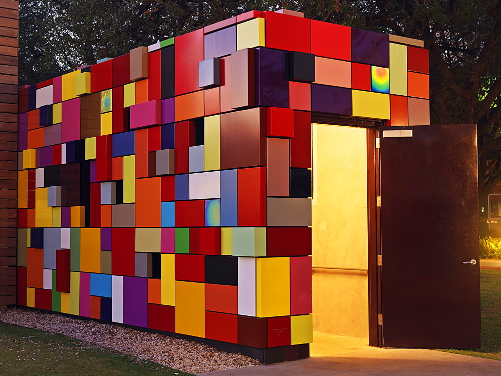 Colorful multi-colored building used as an entrance for parking garage at Discovery Park, Synchronicity of Color by Margo Sawyer, Houston, Texas, United States of America, North America