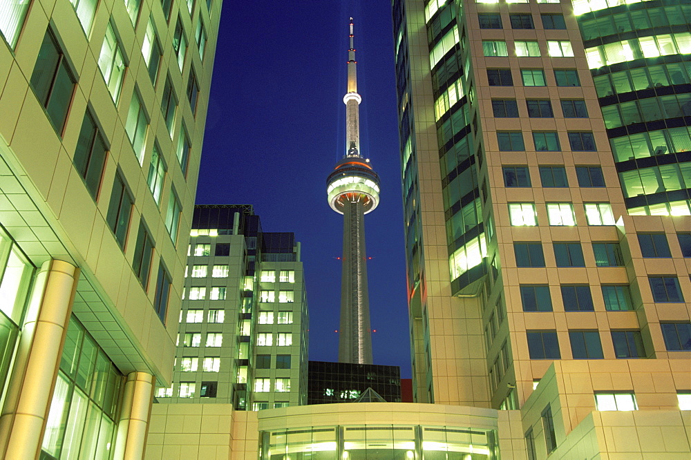 CN Tower and office buildings at night, Toronto, Ontario, Canada, North America