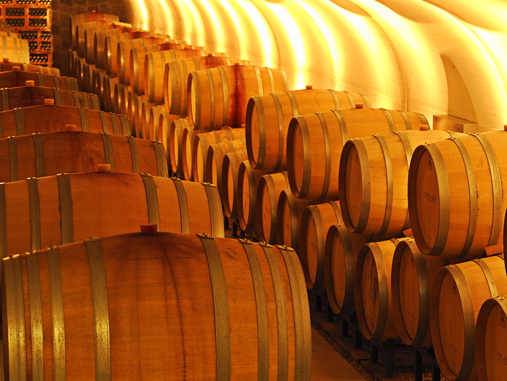 Wine barrels in cellar at Vineland Estates Winery, Vineland, Niagara Region, Ontario, Canada, North America