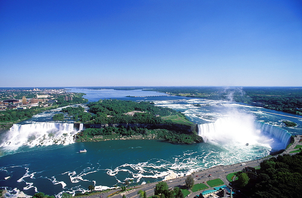 Aerial view of the American Falls and Canadian Falls with Goat Island and the Niagara River, Niagara Falls, Ontario, Canada, North America