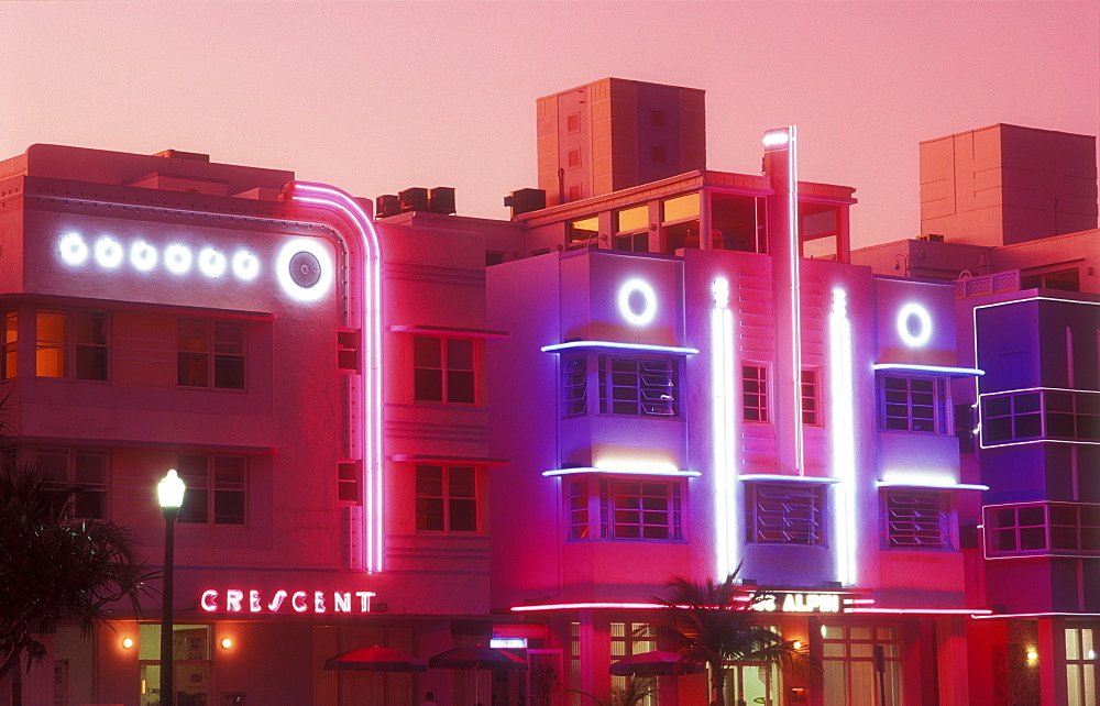 Art Deco hotels illuminated with neon, South Beach, Miami, Florida, United States of America, North America