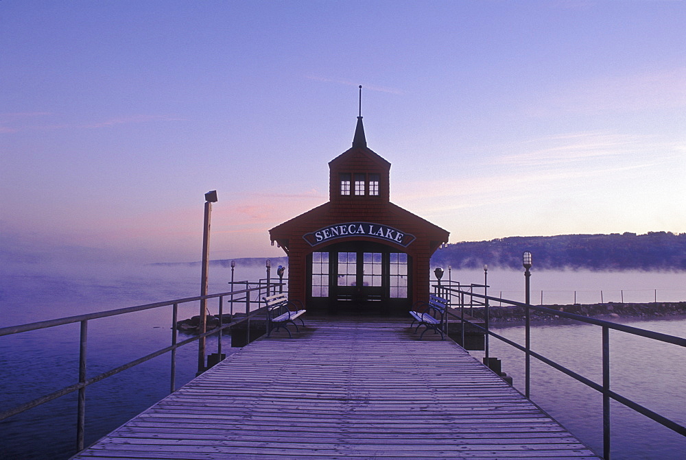 Boathouse for ferry service on Lake Seneca at dawn with mist rising, Seneca Lake, Watkins Glen, New York State, United States of America, North America