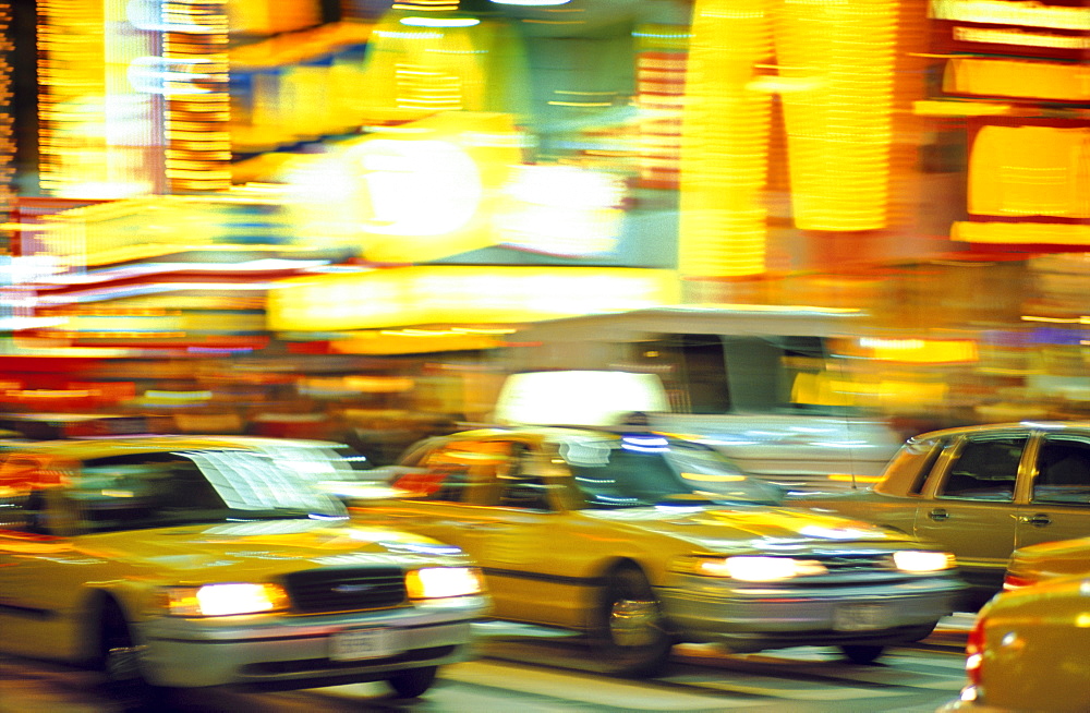 Taxis on Broadway at night, New York City, New York, United States of America, North America