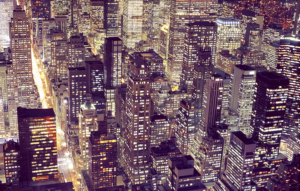 Aerial view of Manhattan at night, New York City, New York, United States of America, North America