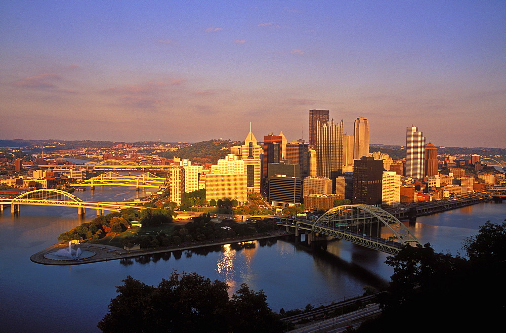 City skyline at sunset, Pittsburgh, Pennsylvania, United States of America, North America