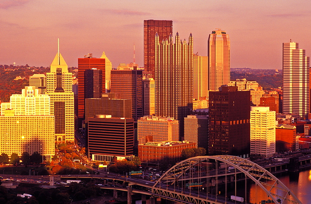 City skyline at sunset, Pittsburgh, Pennsylvania, United States of America, North America