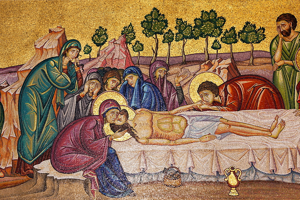 Mosaic artwork of the death of Jesus Christ, Church of the Holy Sepulchre, Jerusalem, Israel, Middle East