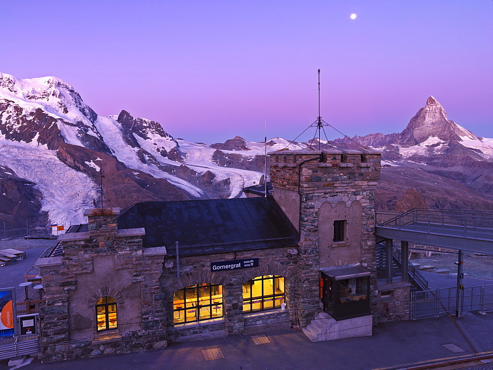 Gornergrat, the Matterhorn and the Gornergrat train station at dawn, Zermatt, Valais, Switzerland, Europe