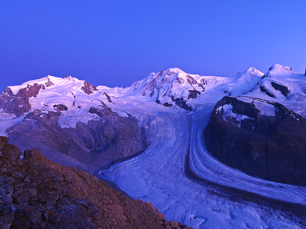 Peaks of Mount Rosa, Liskamm, and Breithorn and the Gorner Glacier as viewed from the Gornergrat, Zermatt, Valais, Switzerland, Europe