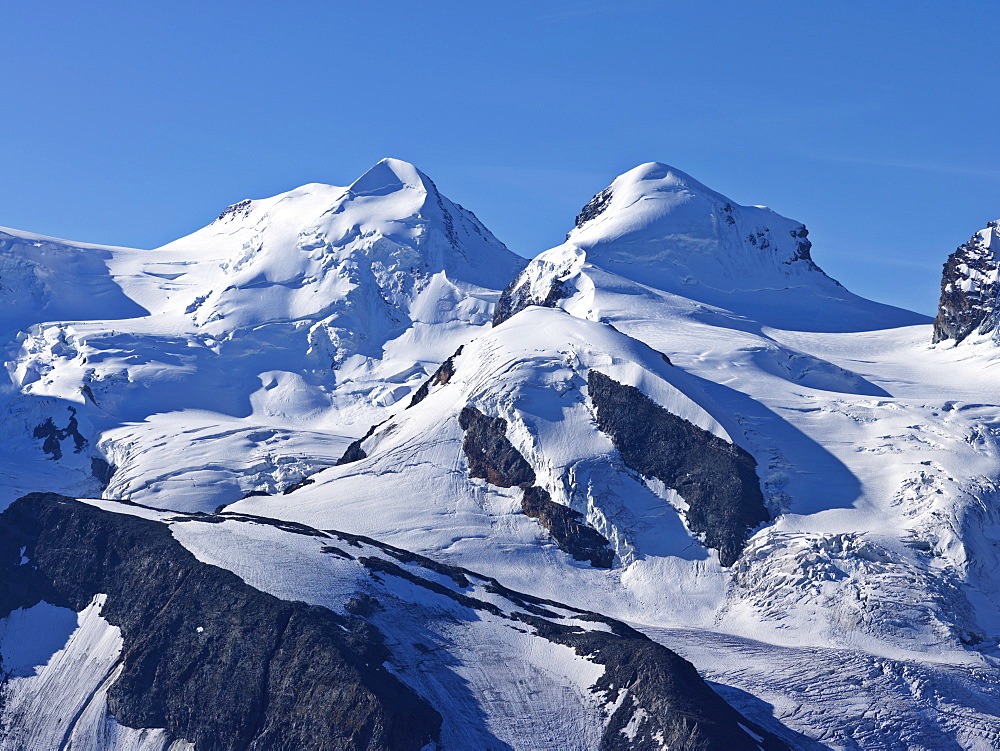 Peaks of Mount Liskamm and Breithorn as viewed from the Gornergrat, Zermatt, Valaid, Switzerland, Europe