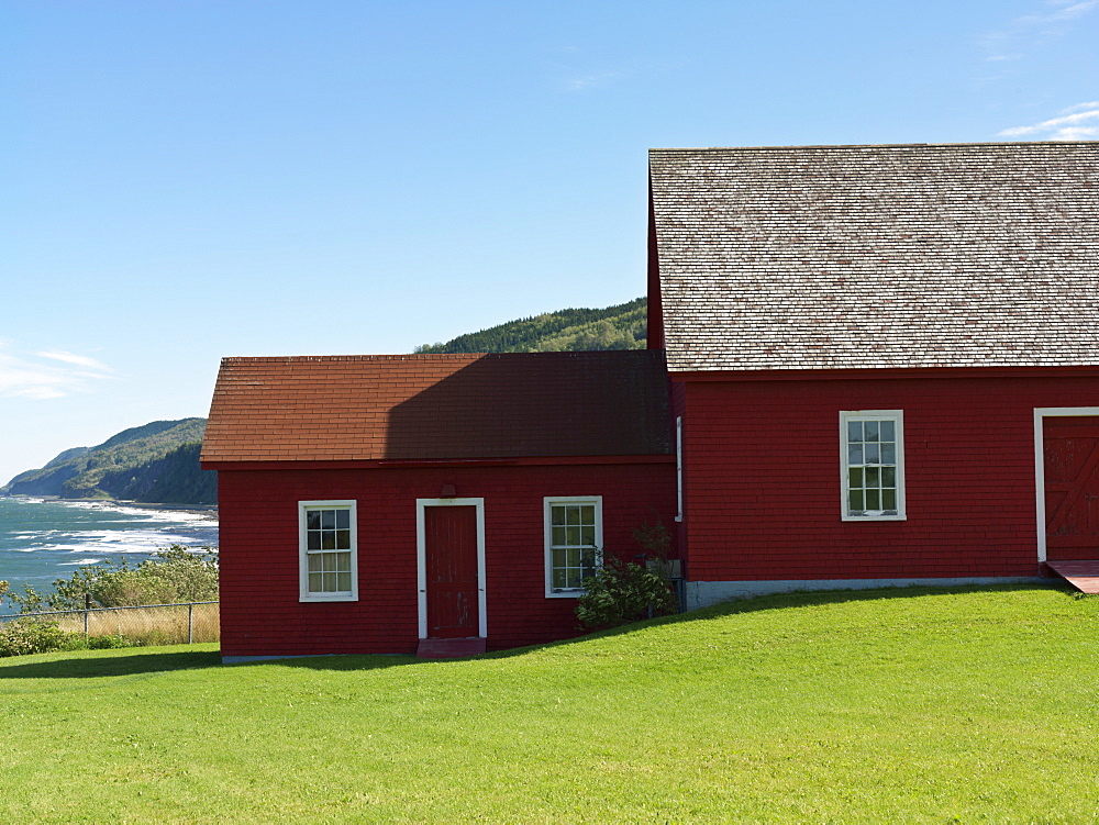 Red painted buildings, Musee des Phares (Lighthouse Museum), Le Martre, Gaspesie, Quebec, Canada, North America