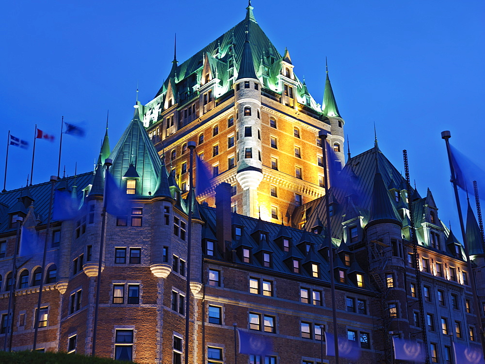 Chateau Frontenac illuminated at dusk, UNESCO World Heritage Site, Quebec City, Quebec, Canada, North America