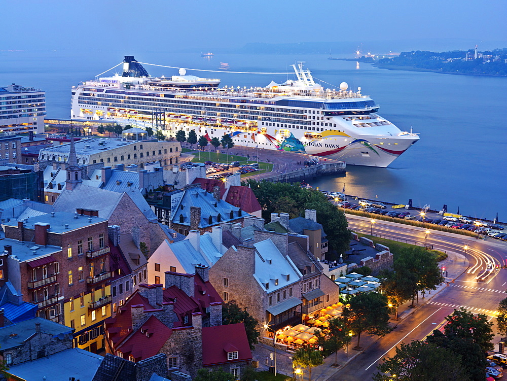 Cruise ship in port at dusk, Lower Town, Quebec City, Quebec, Canada, North America