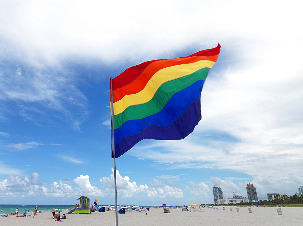 Gay flag flying over South Beach, Miami, Florida, United States of America, North America