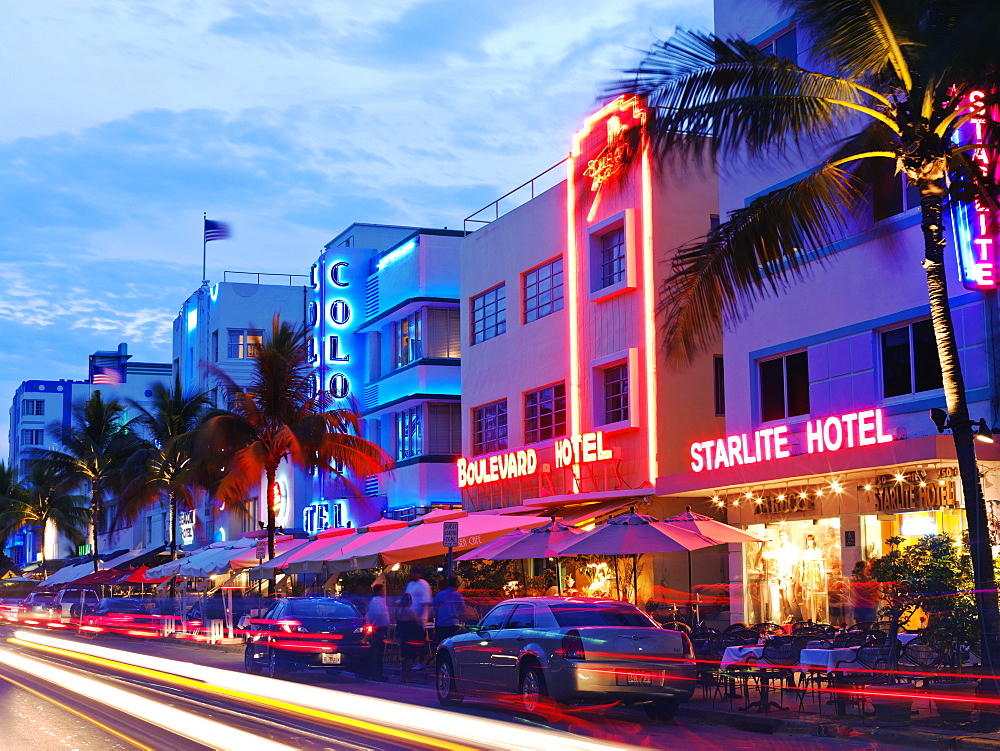 Restaurants at night on Ocean Drive, South Beach, Miami, Florida, United States of America, North America