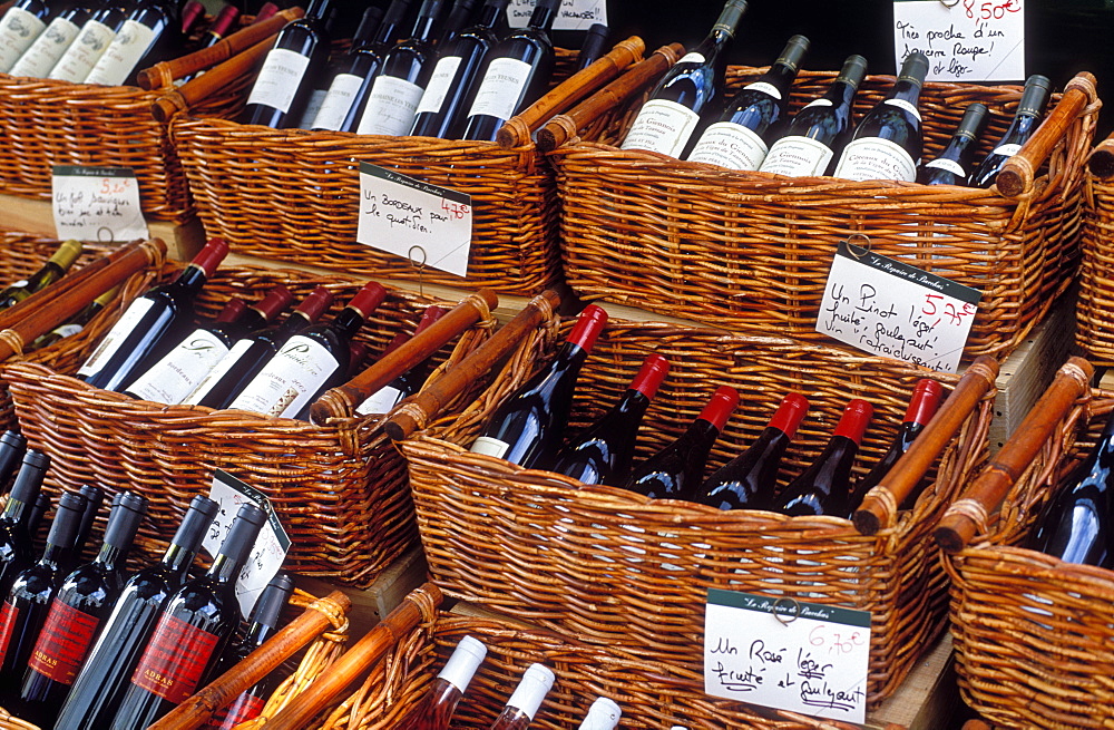 Wine for sale, Rue Cler street market, Paris, France, Europe