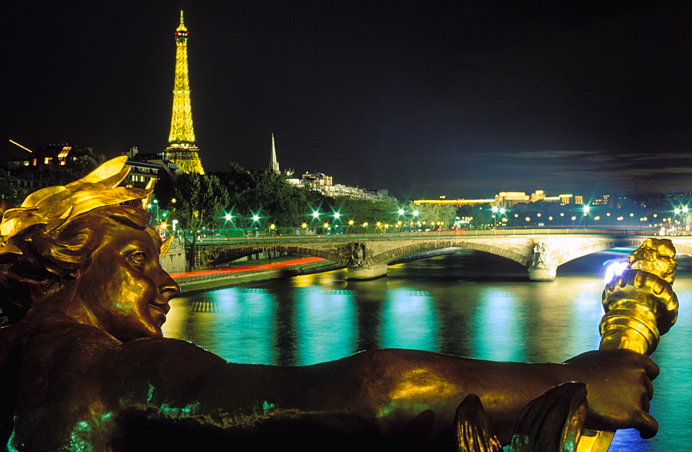 Ponte Alexandre III and River Seine at night, Paris, France, Europe