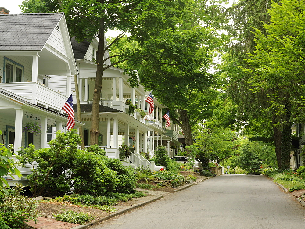 Homes displaying US flags, Chautauqua, New York State, United States of America, North America