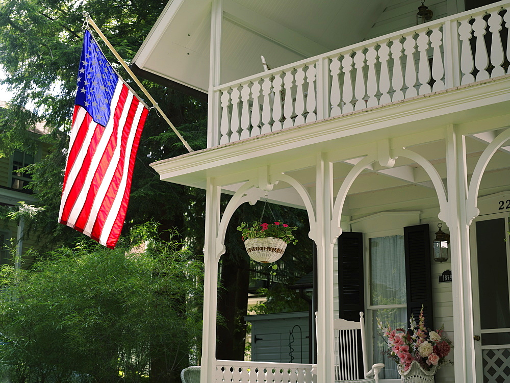 Victorian home displaying the American flag, Chautauqua, New York State, United States of America, North America