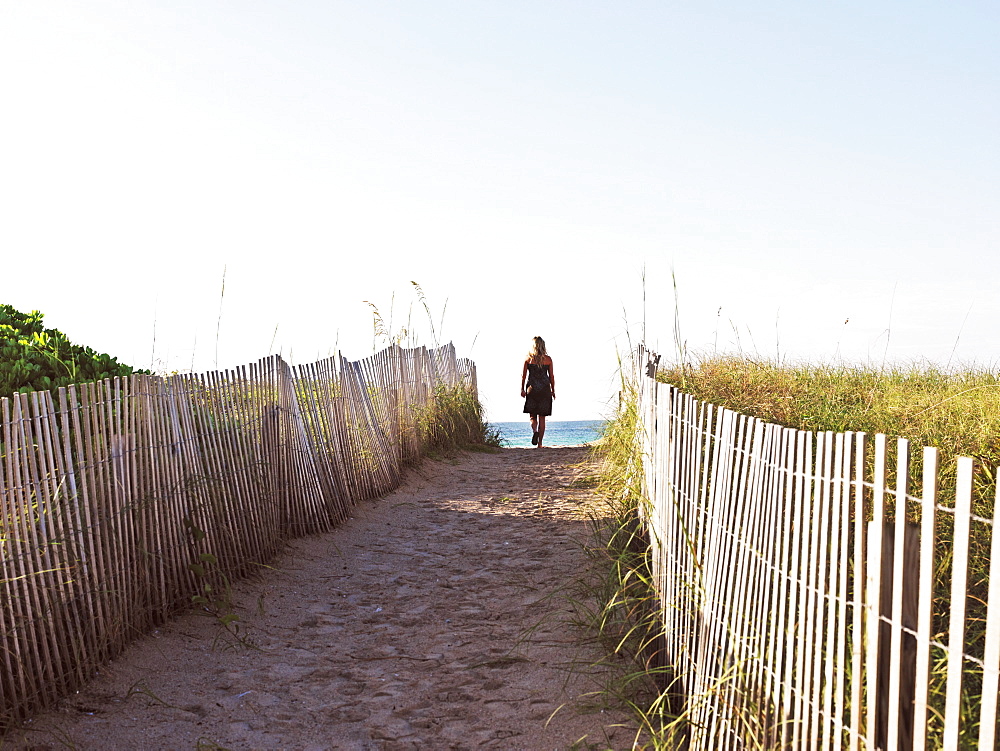 Woman looking out to sea from path leading to beach with wooden fence, South Beach, Miami, Florida, United States of America, North America