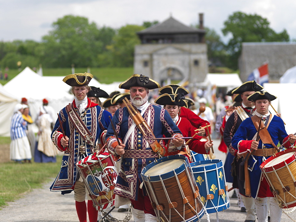 French soldiers drumming, French-Indian War of 1759 reenactment, Old Fort Niagara, Youngstown, New York State, United States of America, North America