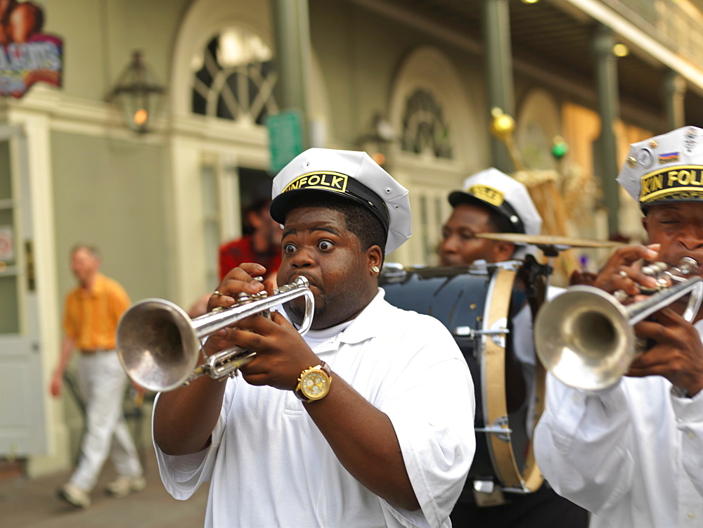 Trumpet player, second line parade, French Quarter, New Orleans, Louisiana, United States of American, North America