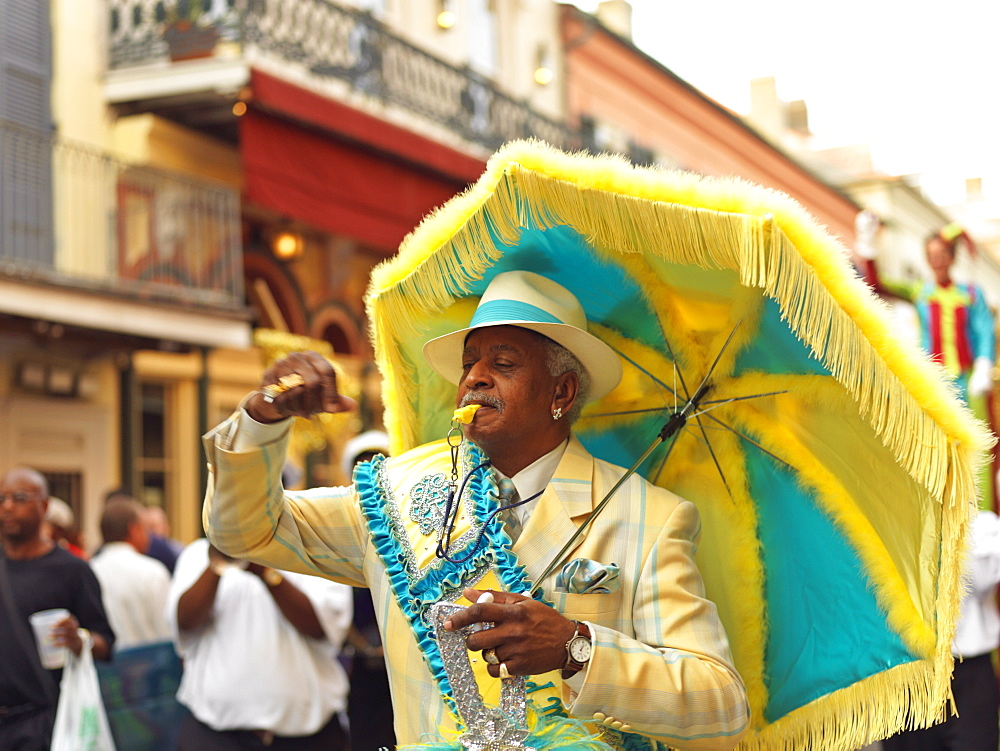 French Quarter second line parade led by the Grand Marshall, French Quarter, New Orleans, Louisiana, United States of America, North America