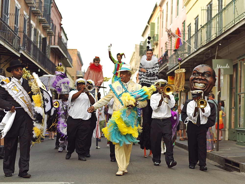 French Quarter second line parade led by the Grand Marshall, French Quarter, New Orleans, Louisiana, United States of America, North America