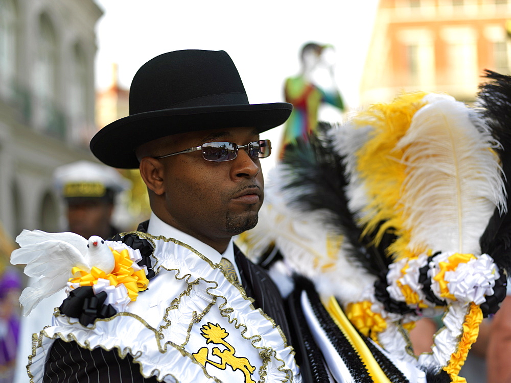 Portrait of Grand Marshall, French Quarter second line parade, French Quarter, New Orleans, Louisiana, United States of America, North America