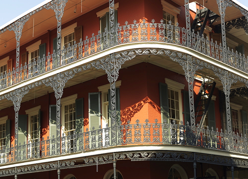 French Quarter building with wrought iron balconies, New Orleans, Louisiana, United States of America, North America