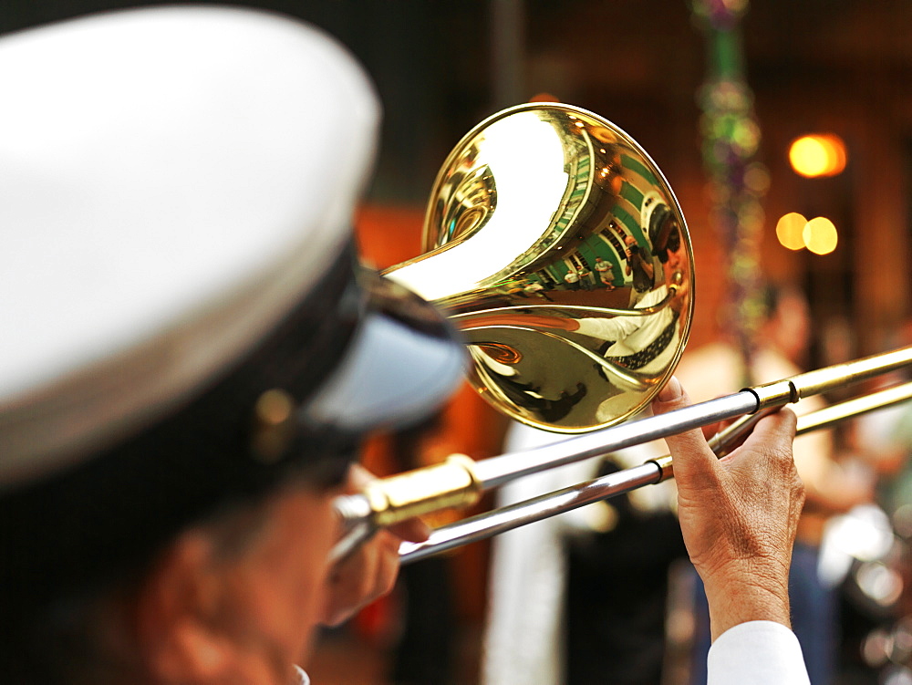 Trombone player, second line parade in the French Quarter, New Orleans, Louisiana, United States of America, North America