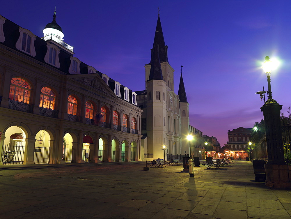 St. Louis Cathedral on Jackson Square and the Cabildo Louisiana State Museum at dawn, French Quarter, New Orleans, Louisiana, United States of America, North America