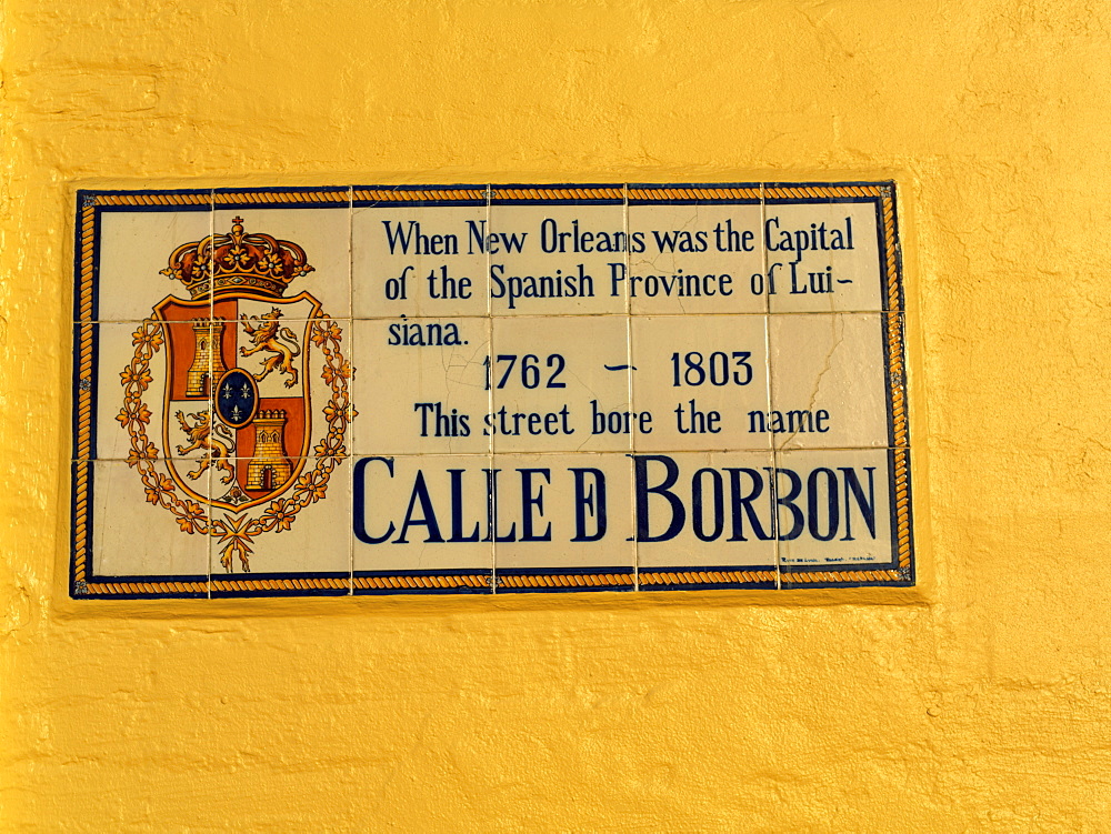 Street sign for Bourbon Street on side of building, French Quarter, New Orleans, Louisiana, United States of America, North America