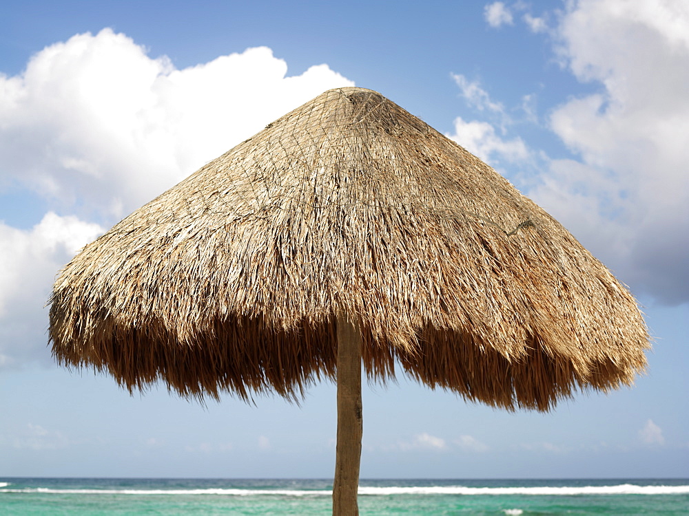 Palapa, sea and sky, Mayan Riviera, Akumal, Yucatan, Quintana Roo, Mexico, North America