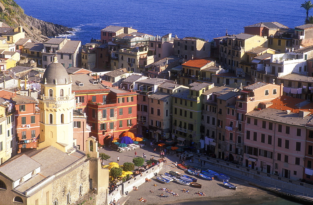 View of town from hiking path, Vernazza, Cinque Terre, UNESCO World Heritage Site, Liguria, Italy, Europe