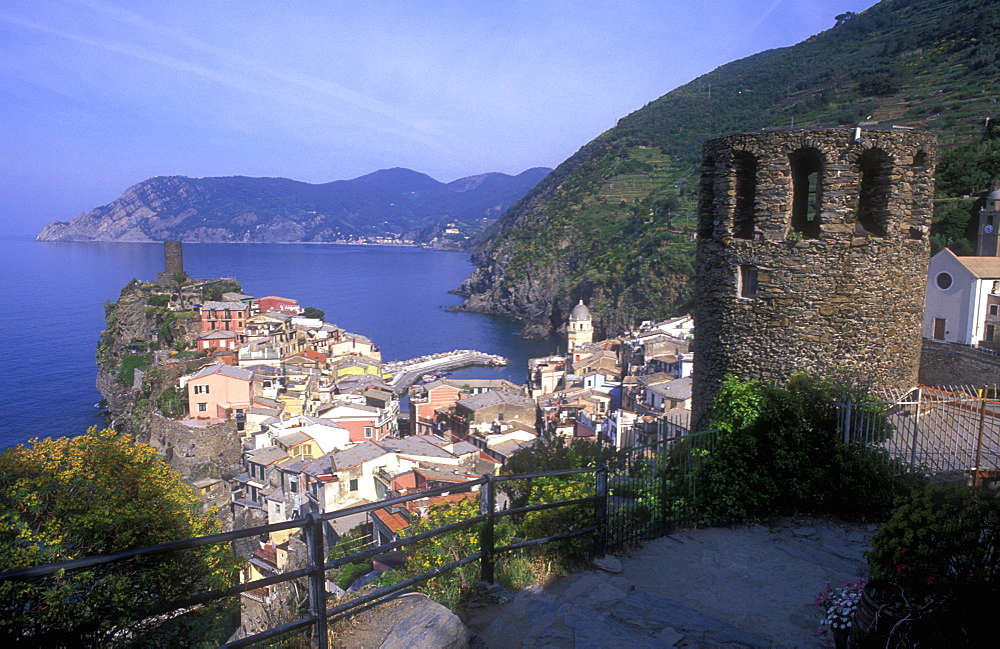 View of town from hiking trail, Vernazza, Cinque Terre, UNESCO World Heritage Site, Liguria, Italy, Europe