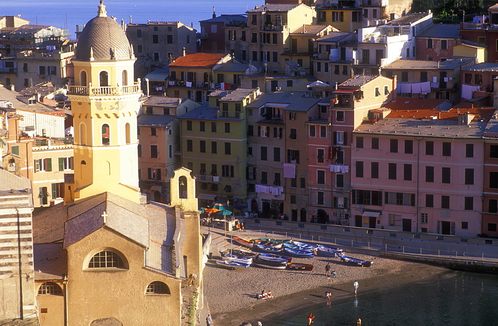 View of church and harbour, Vernazza, Cinque Terre, UNESCO World Heritage Site, Liguria, Italy, Europe