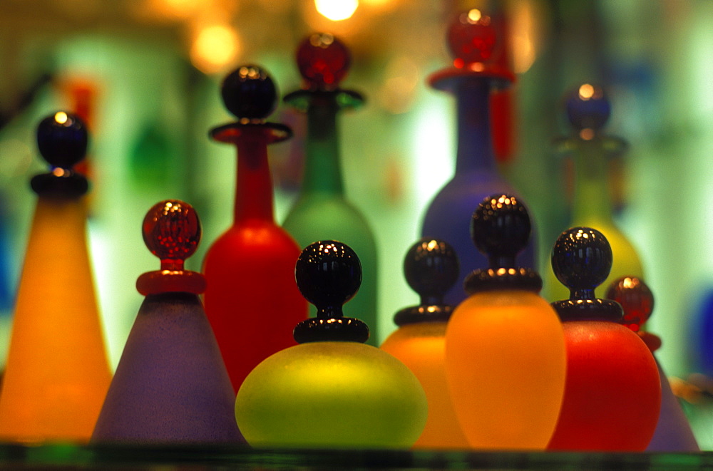 Venetian glass bottles in bright colors, Venice, Veneto, Italy, Europe