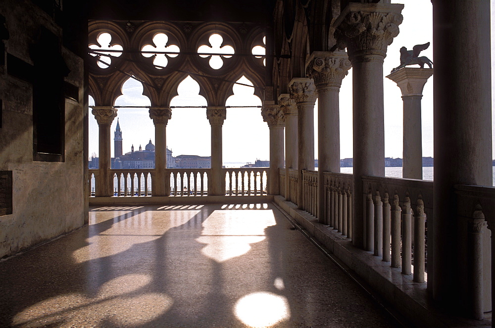 View of San Giorgio Maggiore through arches of the Doge's Palace (Palazzo Ducale), Venice, UNESCO World Heritage Site, Veneto, Italy, Europe